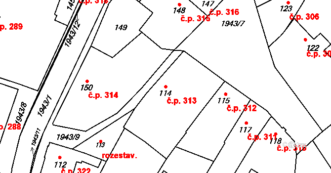 Třebechovice pod Orebem 313 na parcele st. 114 v KÚ Třebechovice pod Orebem, Katastrální mapa