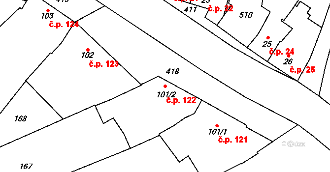 Třebčín 122, Lutín na parcele st. 101/2 v KÚ Třebčín, Katastrální mapa