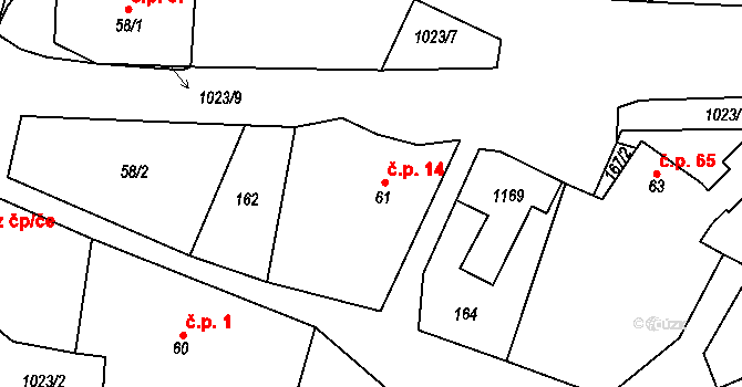 Bystřice 14 na parcele st. 61 v KÚ Bystřice, Katastrální mapa