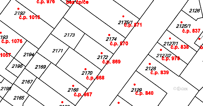 Roudnice nad Labem 869 na parcele st. 2172 v KÚ Roudnice nad Labem, Katastrální mapa