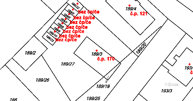 Milovice 170 na parcele st. 189/3 v KÚ Milovice nad Labem, Katastrální mapa