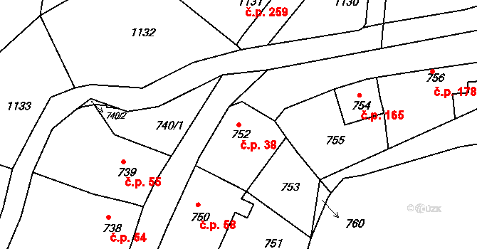Miřetice u Klášterce nad Ohří 38, Klášterec nad Ohří na parcele st. 752 v KÚ Miřetice u Klášterce nad Ohří, Katastrální mapa