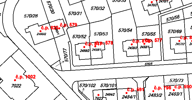 Borovina 578, Třebíč na parcele st. 2459/1 v KÚ Třebíč, Katastrální mapa