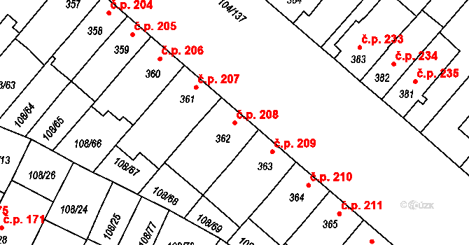 Podklášteří 208, Třebíč na parcele st. 362 v KÚ Podklášteří, Katastrální mapa