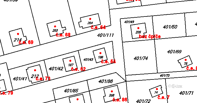 Nuzice 54, Týn nad Vltavou na parcele st. 186 v KÚ Nuzice, Katastrální mapa