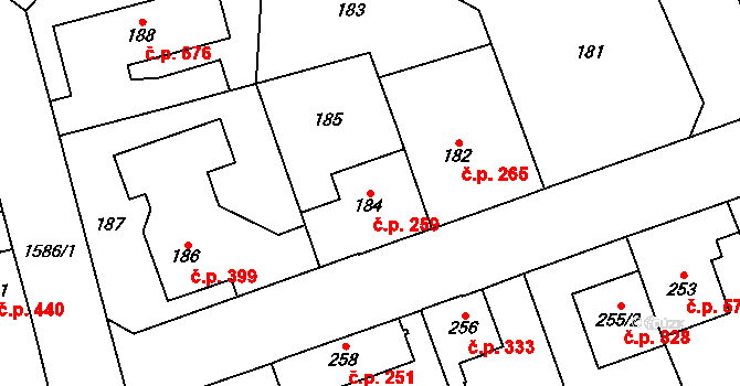 Řeporyje 259, Praha na parcele st. 184 v KÚ Řeporyje, Katastrální mapa