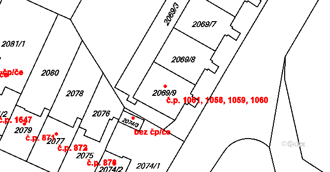 Kobylisy 1058,1059,1060,1061, Praha na parcele st. 2069/9 v KÚ Kobylisy, Katastrální mapa