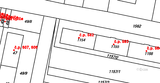 Čakovice 582, Praha 11 na parcele st. 1154 v KÚ Čakovice, Katastrální mapa