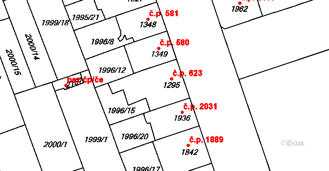 Hodonín 623 na parcele st. 1295 v KÚ Hodonín, Katastrální mapa