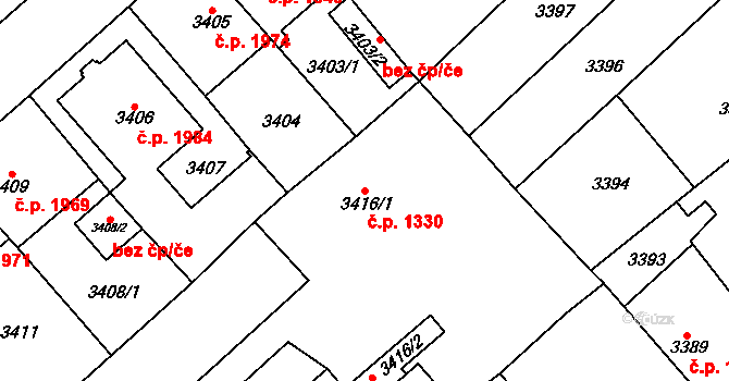 Chomutov 1330 na parcele st. 3416/1 v KÚ Chomutov I, Katastrální mapa