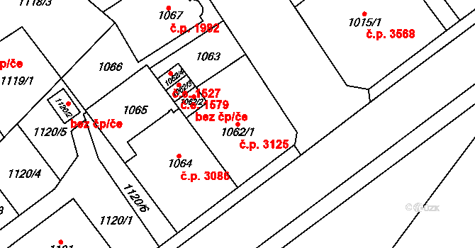 Chomutov 3125 na parcele st. 1062/1 v KÚ Chomutov I, Katastrální mapa