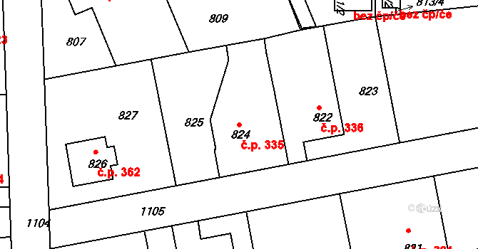 Liberec VII-Horní Růžodol 335, Liberec na parcele st. 824 v KÚ Horní Růžodol, Katastrální mapa