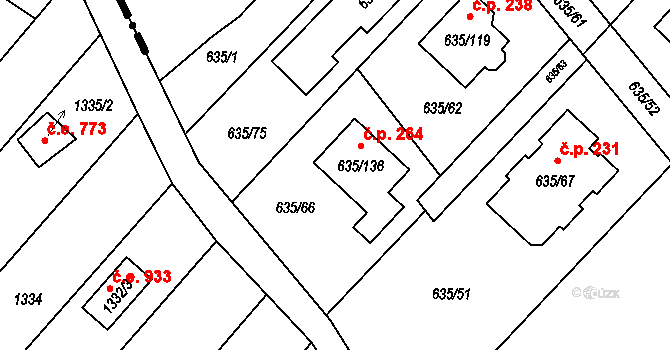 Rozdrojovice 264 na parcele st. 635/136 v KÚ Rozdrojovice, Katastrální mapa