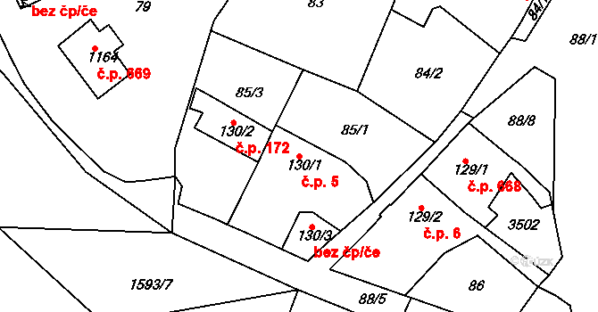 Rosice 5 na parcele st. 130/1 v KÚ Rosice u Brna, Katastrální mapa
