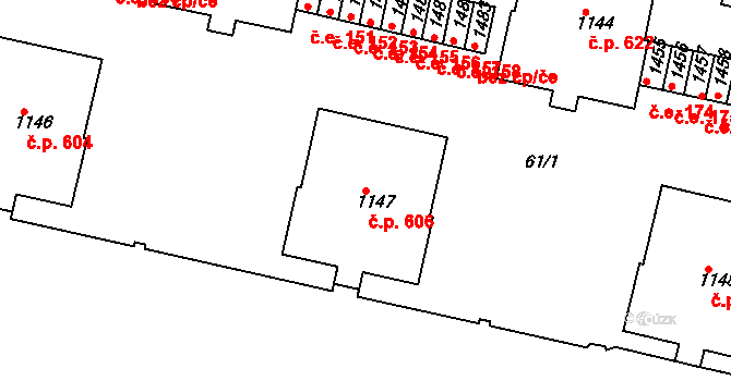 Rosice 606 na parcele st. 1147 v KÚ Rosice u Brna, Katastrální mapa