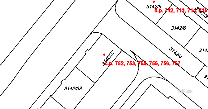 Lobzy 752,753,754,755,756,, Plzeň na parcele st. 3142/32 v KÚ Plzeň, Katastrální mapa