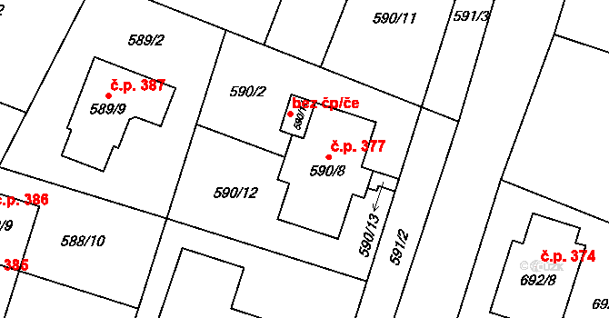 Šanov 377 na parcele st. 590/8 v KÚ Šanov nad Jevišovkou, Katastrální mapa