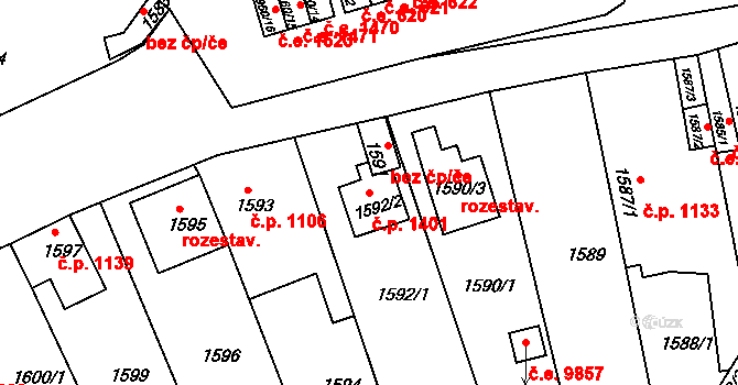 Děčín II-Nové Město 1401, Děčín na parcele st. 1592/2 v KÚ Děčín, Katastrální mapa