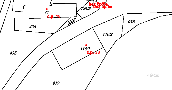 Lomeček 33, Úmonín na parcele st. 116/1 v KÚ Lomec u Úmonína, Katastrální mapa