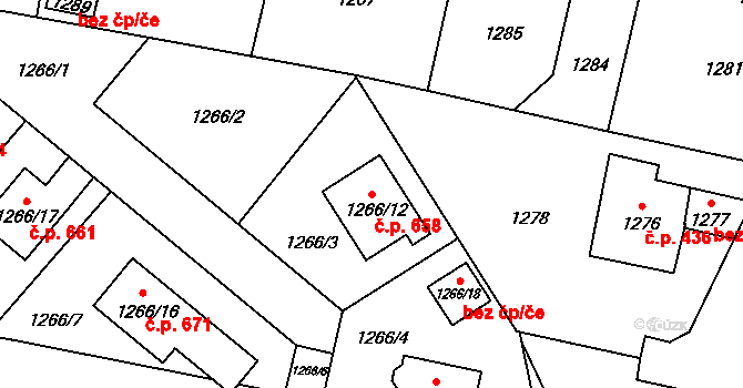 Jaktař 658, Opava na parcele st. 1266/12 v KÚ Jaktař, Katastrální mapa