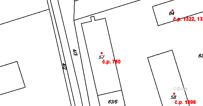 Kročehlavy 750, Kladno na parcele st. 57 v KÚ Kročehlavy, Katastrální mapa