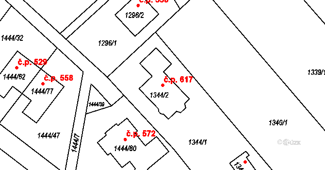 Štípa 617, Zlín na parcele st. 1344/2 v KÚ Štípa, Katastrální mapa