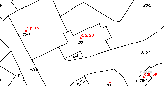 Kladeruby nad Oslavou 23 na parcele st. 22 v KÚ Kladeruby nad Oslavou, Katastrální mapa