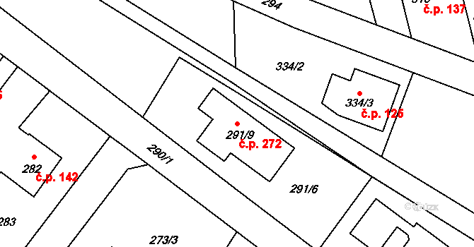 Chlebičov 272 na parcele st. 291/9 v KÚ Chlebičov, Katastrální mapa