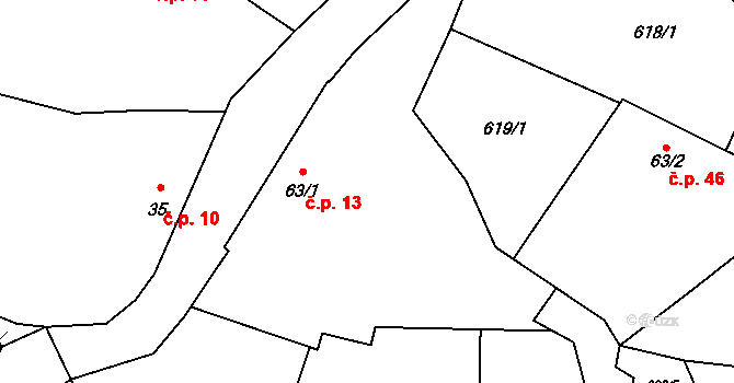 Teplýšovice 13 na parcele st. 63/1 v KÚ Teplýšovice, Katastrální mapa