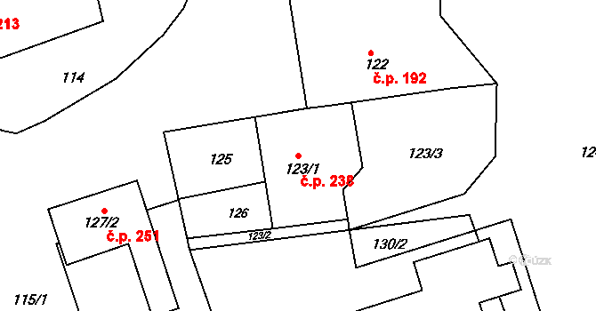 Milešovice 238 na parcele st. 123/1 v KÚ Milešovice, Katastrální mapa