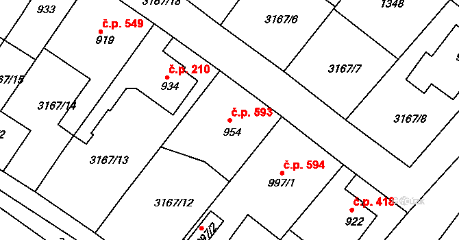 Valašské Klobouky 593 na parcele st. 954 v KÚ Valašské Klobouky, Katastrální mapa