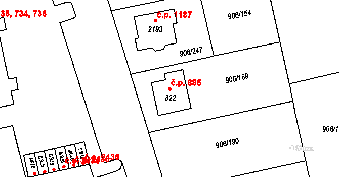 Malenovice 885, Zlín na parcele st. 822 v KÚ Malenovice u Zlína, Katastrální mapa