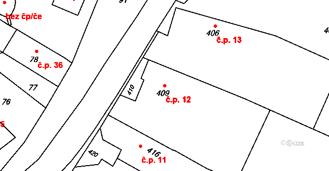 Děhylov 12 na parcele st. 409 v KÚ Děhylov, Katastrální mapa