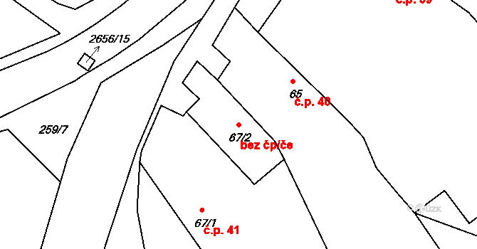 Kouty 43417841 na parcele st. 67/2 v KÚ Kouty u Třebíče, Katastrální mapa