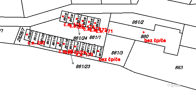 Střelice 176 na parcele st. 861/10 v KÚ Střelice u Brna, Katastrální mapa