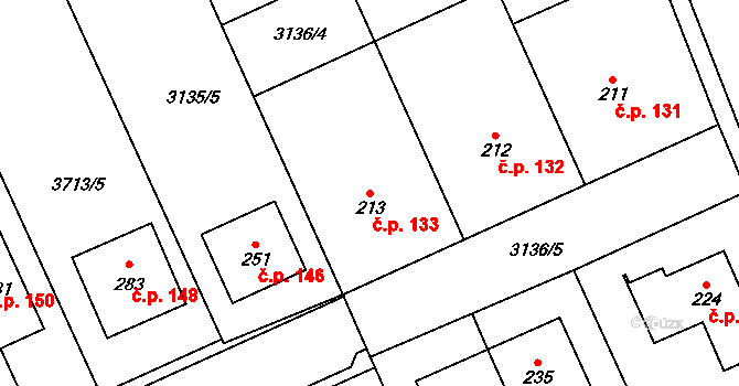 Kozlany 133 na parcele st. 213 v KÚ Kozlany u Vyškova, Katastrální mapa