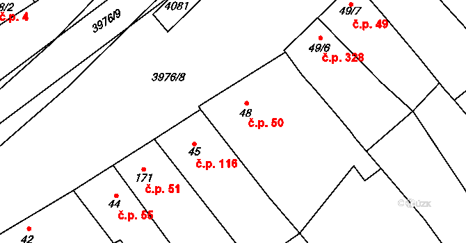 Kudlovice 50 na parcele st. 48 v KÚ Kudlovice, Katastrální mapa