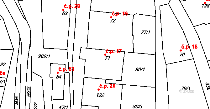 Hroubovice 17 na parcele st. 71 v KÚ Hroubovice, Katastrální mapa