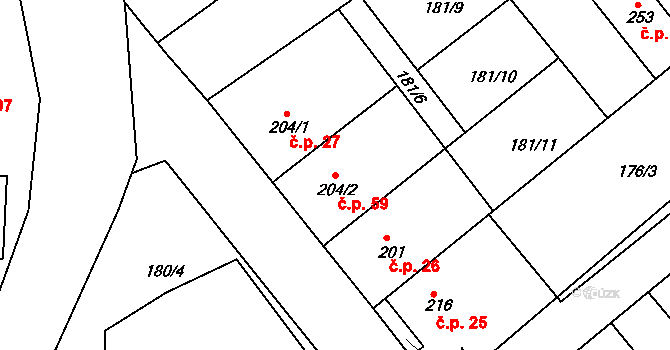 Rosice 59 na parcele st. 204/2 v KÚ Rosice u Chrasti, Katastrální mapa