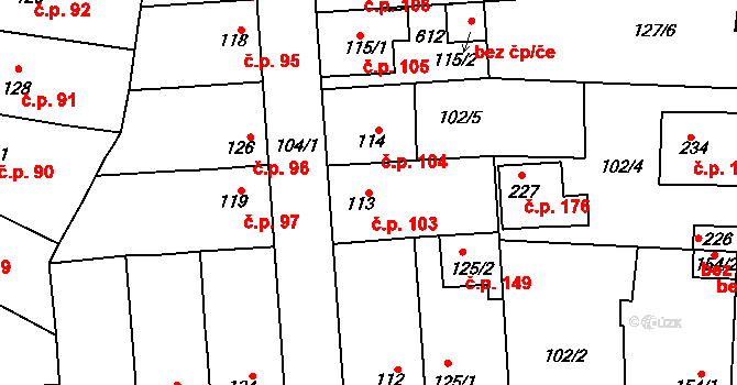 Minice 103, Kralupy nad Vltavou na parcele st. 113 v KÚ Minice u Kralup nad Vltavou, Katastrální mapa