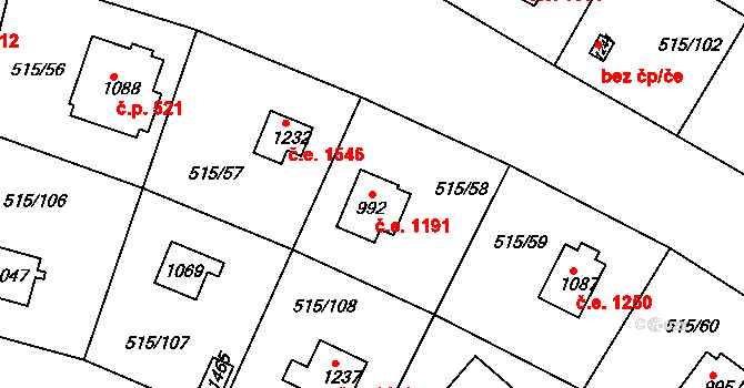 Hradištko 1191 na parcele st. 992 v KÚ Hradištko pod Medníkem, Katastrální mapa