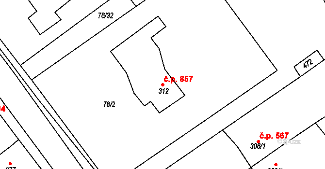 Rudná 857 na parcele st. 312 v KÚ Hořelice, Katastrální mapa