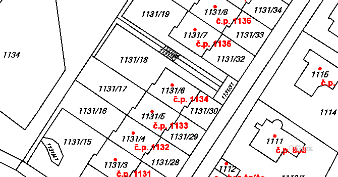 Černošice 1134 na parcele st. 1131/6 v KÚ Černošice, Katastrální mapa