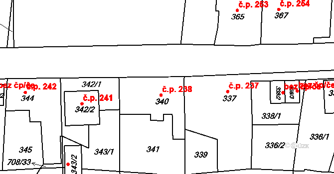 Poběžovice 238 na parcele st. 340 v KÚ Poběžovice u Domažlic, Katastrální mapa