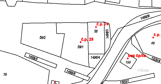 Zahořany 25 na parcele st. 59/1 v KÚ Zahořany u Domažlic, Katastrální mapa