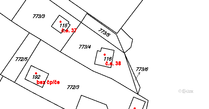 Plískov 38 na parcele st. 116 v KÚ Plískov, Katastrální mapa