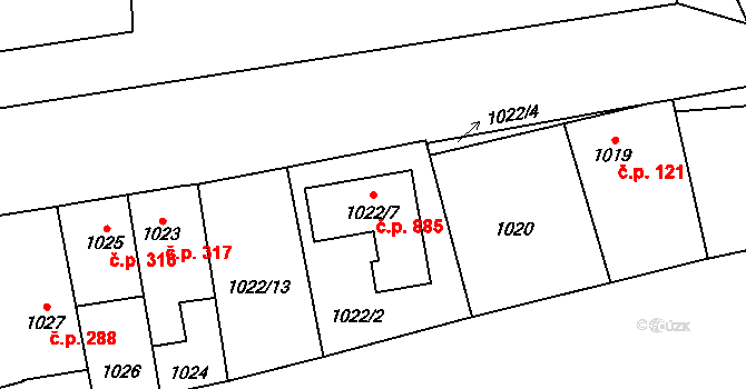 Hronov 885 na parcele st. 1022/7 v KÚ Hronov, Katastrální mapa