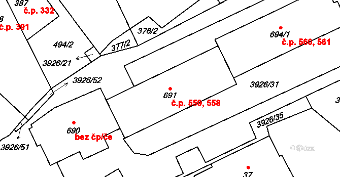 Kryry 558,559 na parcele st. 691 v KÚ Kryry, Katastrální mapa
