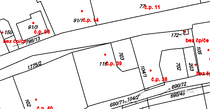 Horušany 39, Soběkury na parcele st. 116 v KÚ Horušany, Katastrální mapa