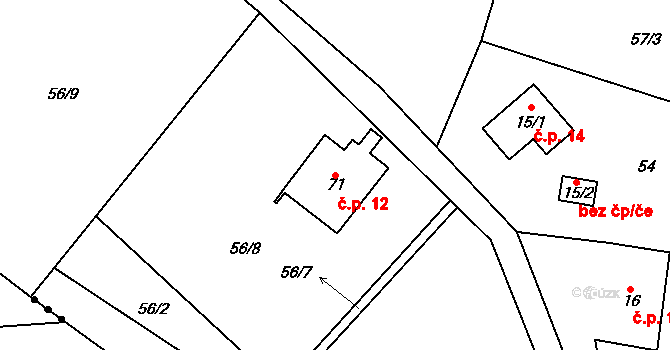 Podmoklany 12 na parcele st. 71 v KÚ Podmoklany, Katastrální mapa